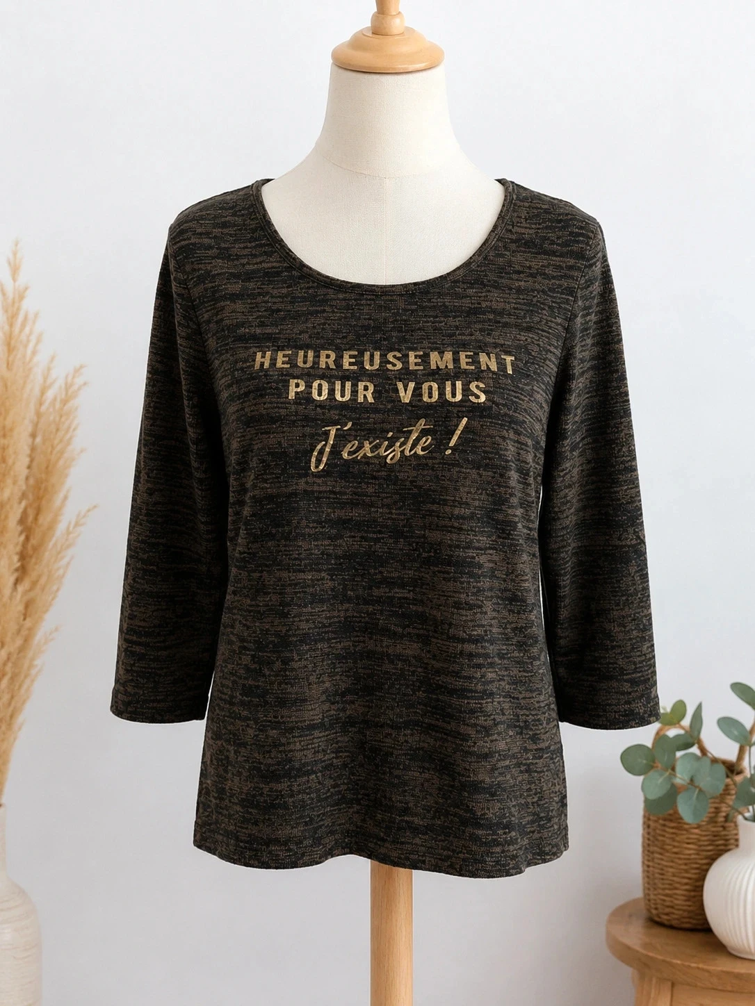 T-shirt La Halle femme L marron chiné manches 3/4 inscription dorée